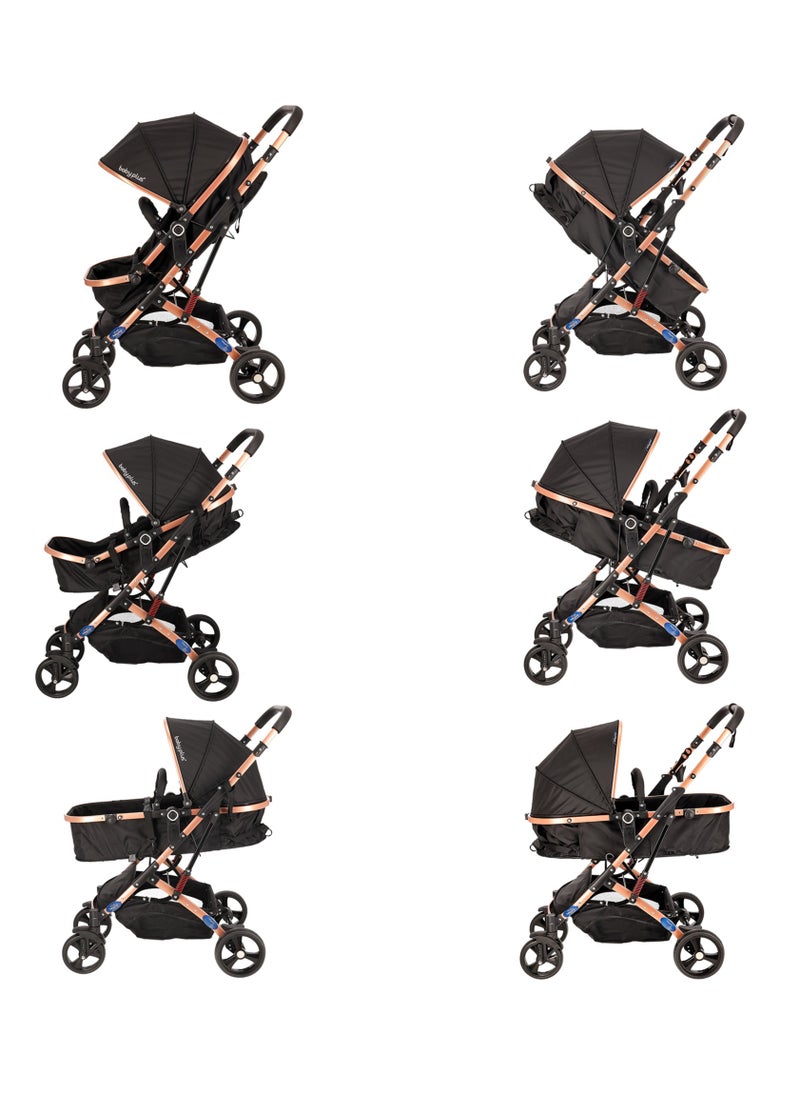 BABY PLUS - Multifunctional Luxury Pram with 6 Adjustable Positions| Easy Foldable, Lightweight, Safety Harness and Canopy with UV Protection | Portable Baby Stroller Ideal for  Babies and Toddlers Ages 0-4, BLACK - Image 1