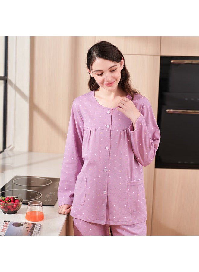 MEIBIAO American Standard Women's Long Sleeve Cotton Pajama Set Crew Neck Loose Fit Homewear Autumn Winter New 100% Cotton Lilac Purple L - Image 1