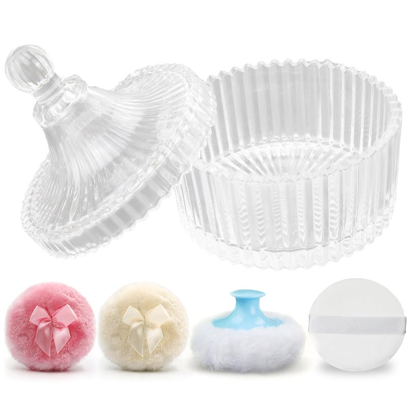 Baby Powder Puff and Container SetDusting Powder Container with 4 Pcs Powder PuffJaxbo Glass Powder Puff Jar for Face Body Wet Dry Makeup Soft Washable Reusable