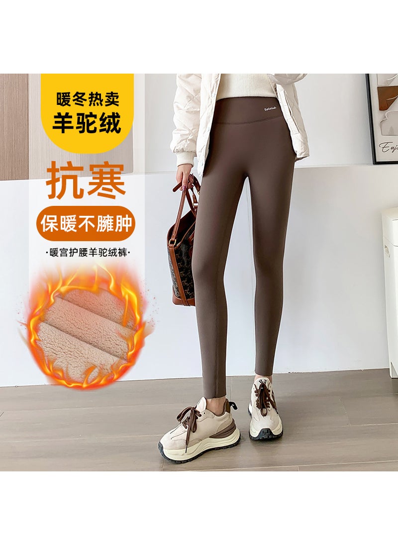 Generic High Waist Winter Fleece Lined Leggings for Women Deep coffee-alpaca  - Image 1