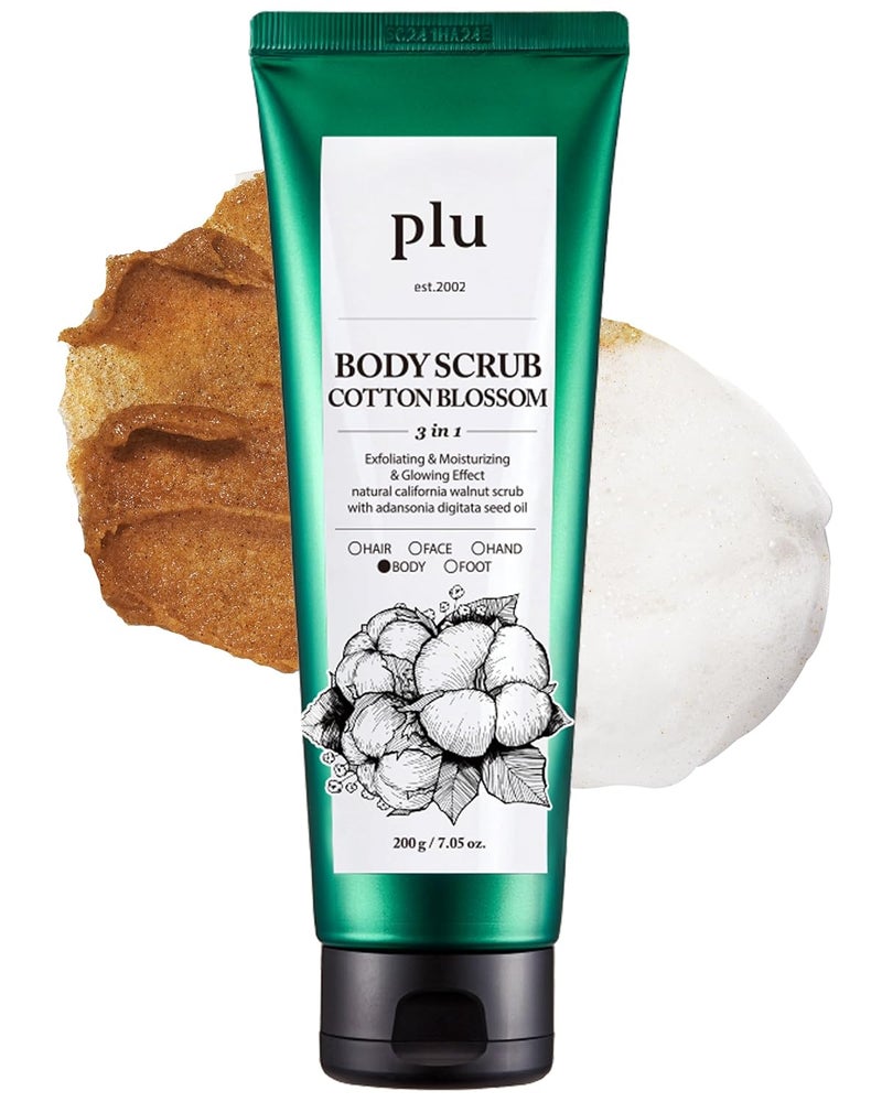 PLU PLU Original Walnut Body Scrub Polish  Cotton Blossom  Exfoliating  Moisturizing  Glow  for Acne Cellulite Stretch Marks Spider Veins  Cozy Soap  Floral Scent 676 oz