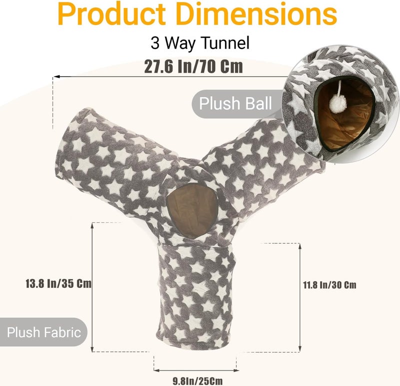 LUCKITTY Cat Tunnel Toy- 3 Way-Shaped, Gray Star Pattern, Soft Velvet Exterior, Oxford Fabric Fog-Proof Interior, Plush Toy Ball, Easily Washable, Conveniently Foldable - Image 2