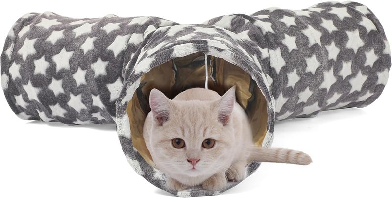LUCKITTY Cat Tunnel Toy- 3 Way-Shaped, Gray Star Pattern, Soft Velvet Exterior, Oxford Fabric Fog-Proof Interior, Plush Toy Ball, Easily Washable, Conveniently Foldable - Image 3