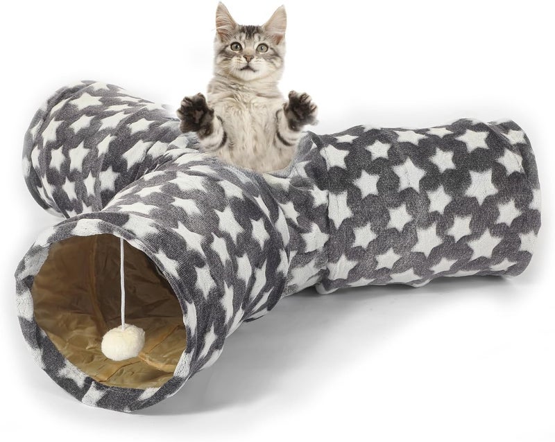 LUCKITTY Cat Tunnel Toy- 3 Way-Shaped, Gray Star Pattern, Soft Velvet Exterior, Oxford Fabric Fog-Proof Interior, Plush Toy Ball, Easily Washable, Conveniently Foldable - Image 4
