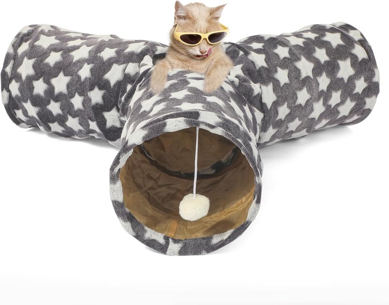 LUCKITTY Cat Tunnel Toy- 3 Way-Shaped, Gray Star Pattern, Soft Velvet Exterior, Oxford Fabric Fog-Proof Interior, Plush Toy Ball, Easily Washable, Conveniently Foldable - Image 1