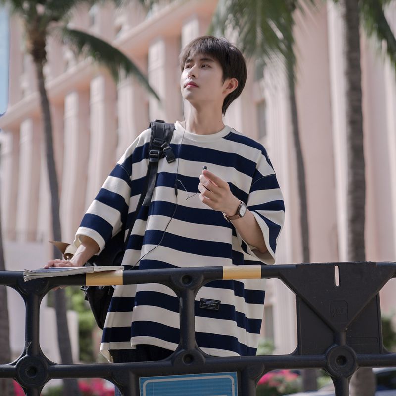 230g heavy striped T-shirt men's short sleeve summer tide card Japanese College wind loose boys half sleeve shirt - Image 4