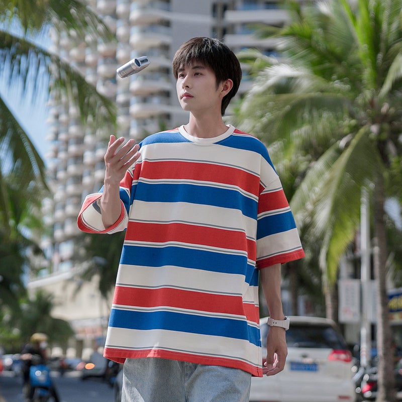230g heavy striped T-shirt men's short sleeve summer tide card Japanese College wind loose boys half sleeve shirt - Image 1