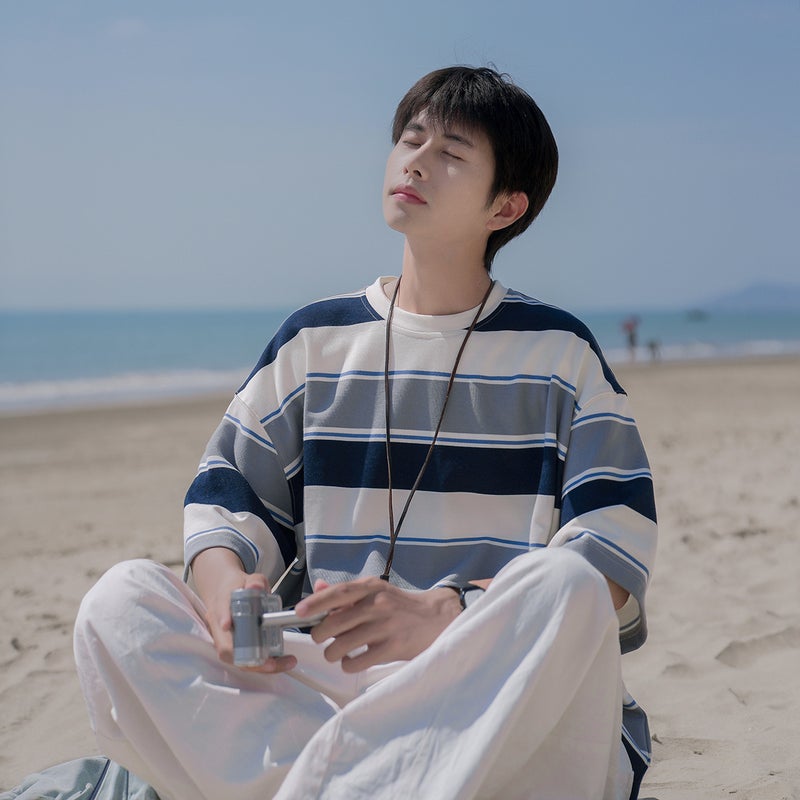 230g heavy striped T-shirt men's short sleeve summer tide card Japanese College wind loose boys half sleeve shirt - Image 2