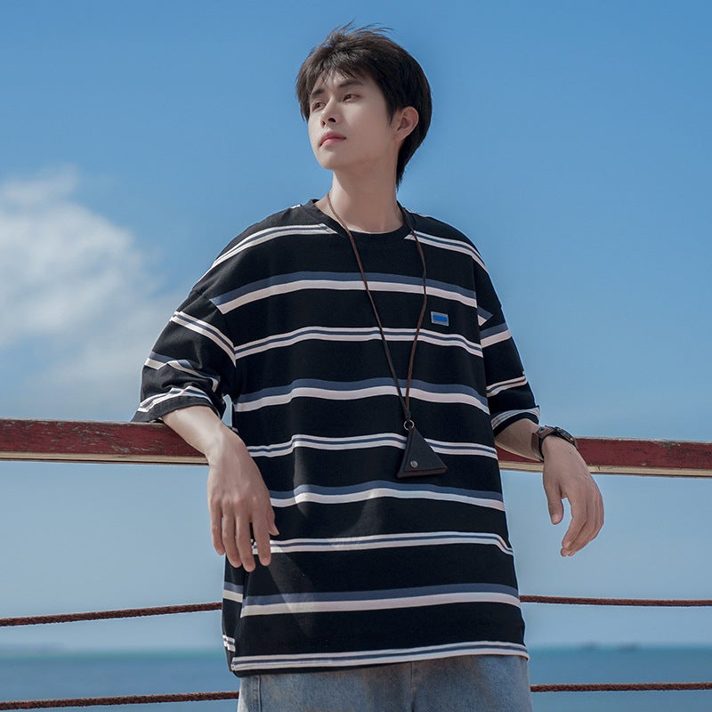 230g heavy striped T-shirt men's short sleeve summer tide card Japanese College wind loose boys half sleeve shirt - Image 5