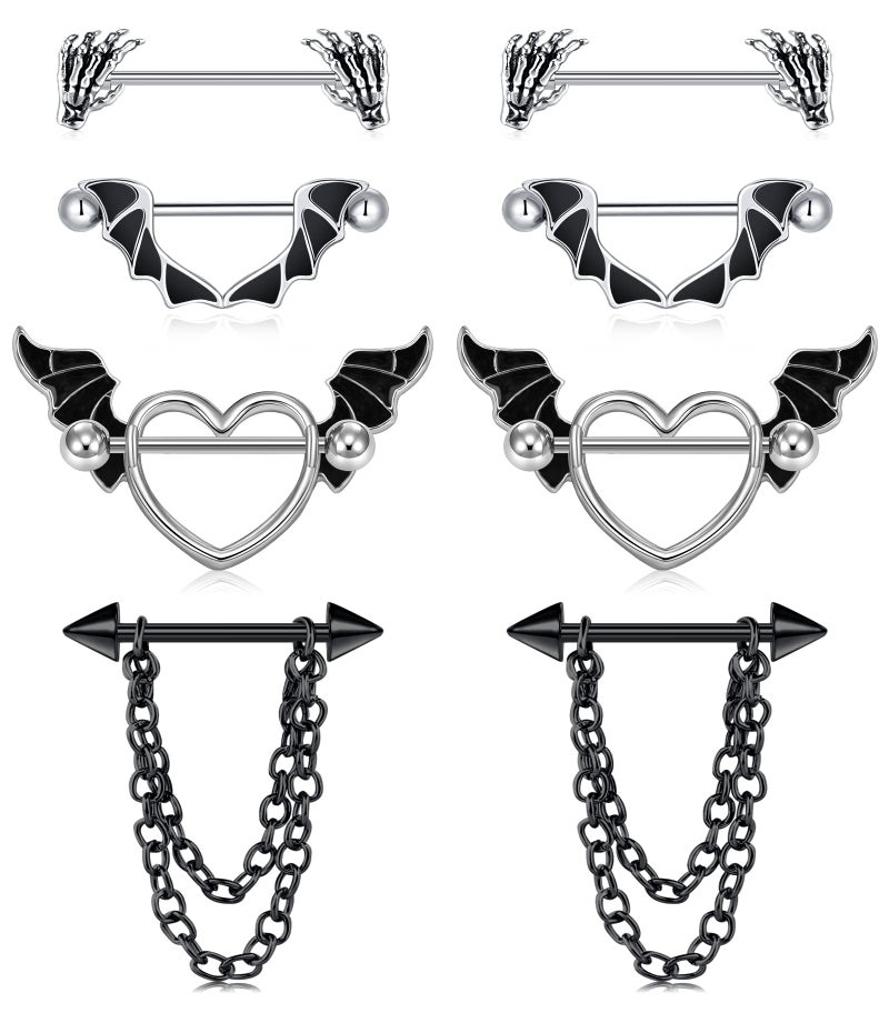 JFORYOU 4PCS 14G Stainless Steel Nose Rings Black Bat Skull Hand Nose Ring Piercing Jewelry Barbell for Women - Image 1