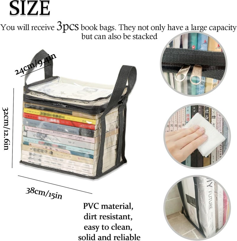 XLANMAY 3PCS Clear Book Storage Bag - Plastic Comic Books Organizer Book Carrier with Lid and Lifting Handle Collapsible Display Case for Books Toys 38x24x32cm/15x9x3inches - Image 4