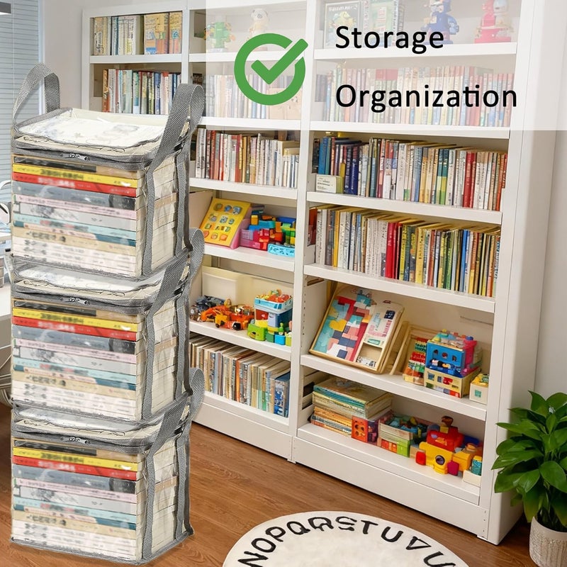 XLANMAY 3PCS Clear Book Storage Bag - Plastic Comic Books Organizer Book Carrier with Lid and Lifting Handle Collapsible Display Case for Books Toys 38x24x32cm/15x9x3inches - Image 2
