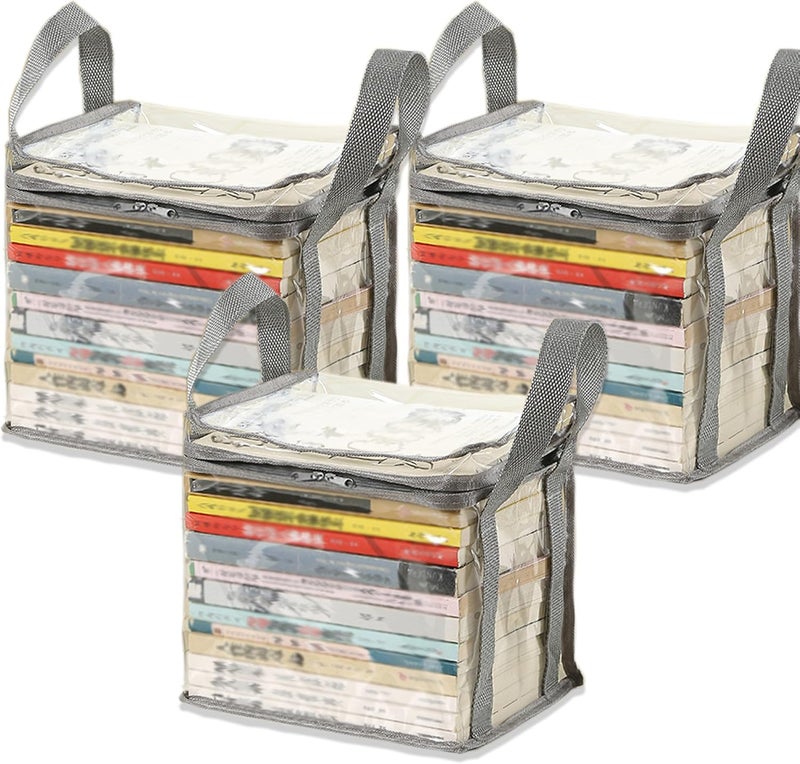 XLANMAY 3PCS Clear Book Storage Bag - Plastic Comic Books Organizer Book Carrier with Lid and Lifting Handle Collapsible Display Case for Books Toys 38x24x32cm/15x9x3inches - Image 1