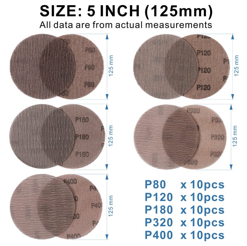 UPWOOD 50pcs 5-Inch Mesh Abrasive Sanding Discs Hook & Loop Sandpaper, Each 10pcs of Grit 80 120 180 320 400 Dust Free Anti-Blocking Net Sandpaper Sheets for Auto Body, Wood, Drywall, Metal - Image 2
