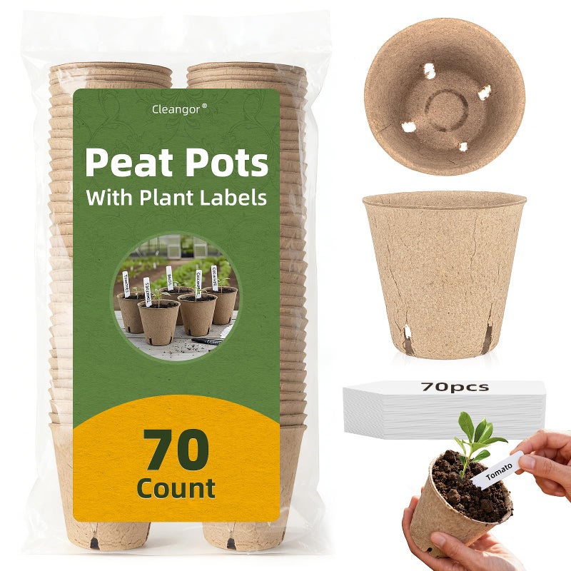 CLEANGOR 70Pcs Biodegradable 3.15â€ Peat Pots with 70Pcs Plant Labels, Biodegradable Seed Starter Pots with Drainage Holes, Nursery Pots for Seedlings, Herbs, Vegetables, Flowers, Gardening Kit - Image 1