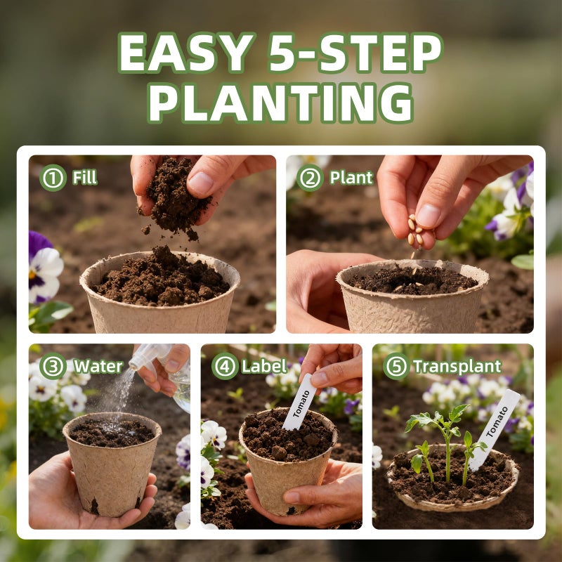 CLEANGOR 70Pcs Biodegradable 3.15â€ Peat Pots with 70Pcs Plant Labels, Biodegradable Seed Starter Pots with Drainage Holes, Nursery Pots for Seedlings, Herbs, Vegetables, Flowers, Gardening Kit - Image 4