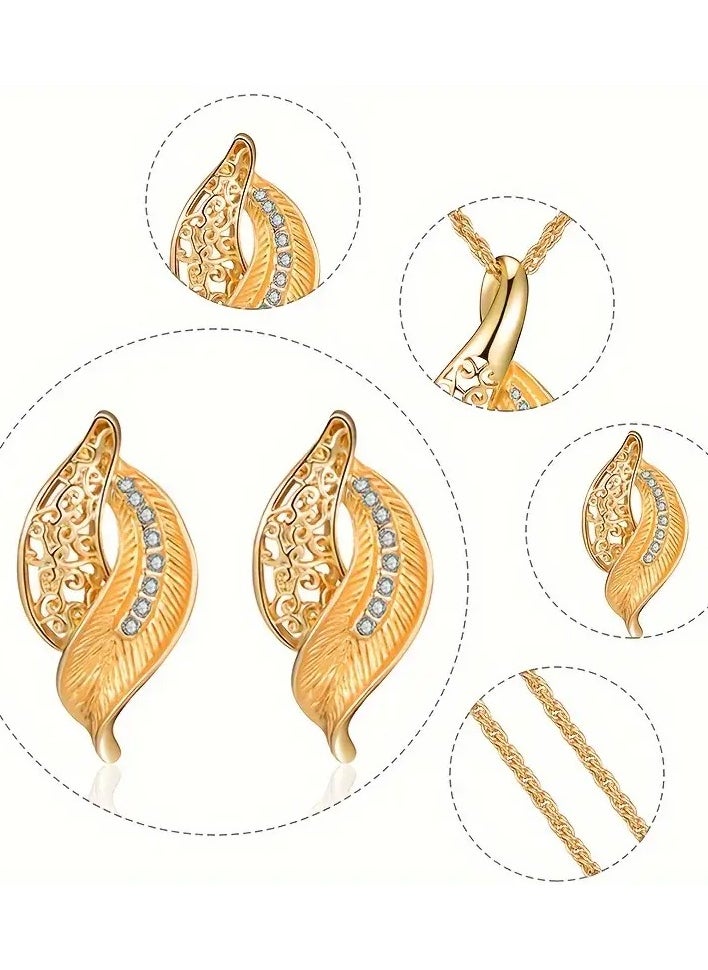 Home Clearance Sale Elegant Golden-Toned Hollow Leaf Rhinestone Necklace and Earrings Set - Vintage Zinc Alloy Jewelry, Ideal for Couples, Christmas, New Year, Birthday, Wedding Gifts, Birthday Gift Jewelry|Vintage Jewelry|Goldtone Finish  - Image 2