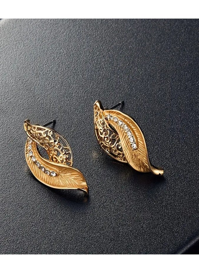 Home Clearance Sale Elegant Golden-Toned Hollow Leaf Rhinestone Necklace and Earrings Set - Vintage Zinc Alloy Jewelry, Ideal for Couples, Christmas, New Year, Birthday, Wedding Gifts, Birthday Gift Jewelry|Vintage Jewelry|Goldtone Finish  - Image 3