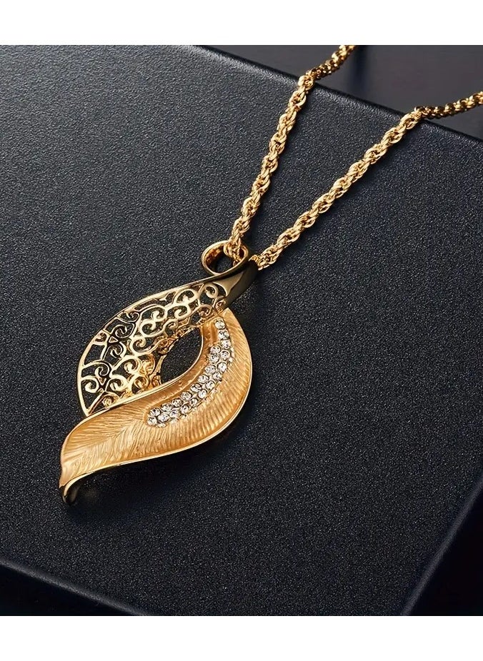 Home Clearance Sale Elegant Golden-Toned Hollow Leaf Rhinestone Necklace and Earrings Set - Vintage Zinc Alloy Jewelry, Ideal for Couples, Christmas, New Year, Birthday, Wedding Gifts, Birthday Gift Jewelry|Vintage Jewelry|Goldtone Finish  - Image 4