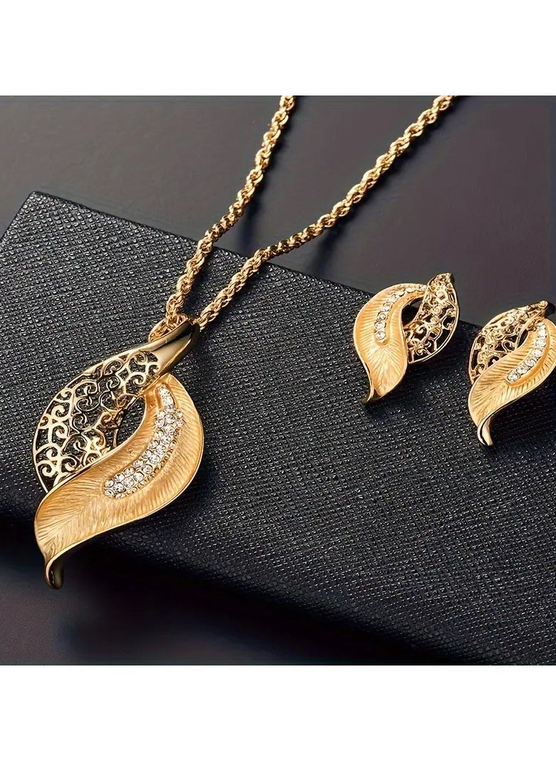 Home Clearance Sale Elegant Golden-Toned Hollow Leaf Rhinestone Necklace and Earrings Set - Vintage Zinc Alloy Jewelry, Ideal for Couples, Christmas, New Year, Birthday, Wedding Gifts, Birthday Gift Jewelry|Vintage Jewelry|Goldtone Finish  - Image 5