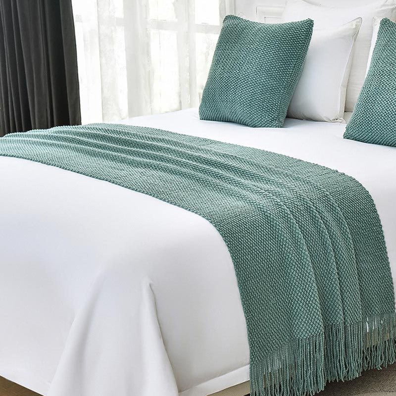 LuxeSolid King Bed Runner with Tassels - 60X180cm Double-Layer Anti-Fade Bedding Scarf for Home Hotel Decor - Image 1