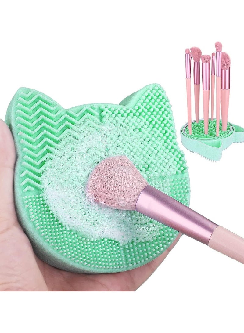2 in 1 Design Makeup Brush Cleaning Mat, Silicone Cat Shaped Brush Cleaner Pad include Cosmetic Brush Organizer Rack, Portable Washing Tool for Makeup. (Pine Blossom Green) - Image 1