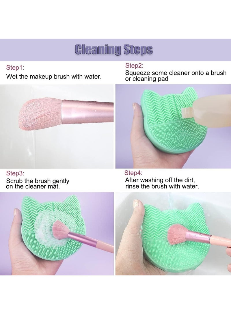 2 in 1 Design Makeup Brush Cleaning Mat, Silicone Cat Shaped Brush Cleaner Pad include Cosmetic Brush Organizer Rack, Portable Washing Tool for Makeup. (Pine Blossom Green) - Image 2