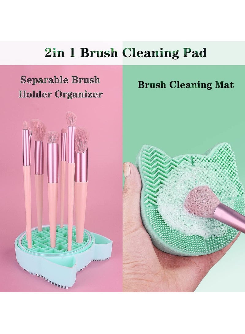 2 in 1 Design Makeup Brush Cleaning Mat, Silicone Cat Shaped Brush Cleaner Pad include Cosmetic Brush Organizer Rack, Portable Washing Tool for Makeup. (Pine Blossom Green) - Image 3