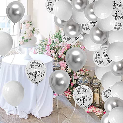 LAZYBEEE 50 pcs Silver White Confetti Balloons Latex Metallic Chrome Pearl Party Helium Balloons for Wedding Bridal Engagement Birthday Graduation Supplies Decorations - Image 4