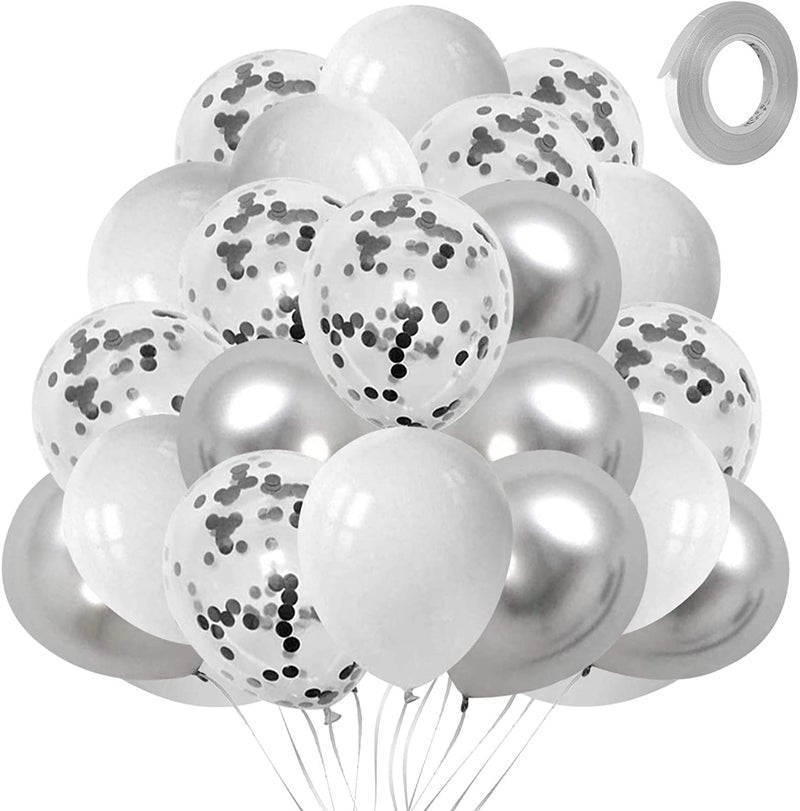 LAZYBEEE 50 pcs Silver White Confetti Balloons Latex Metallic Chrome Pearl Party Helium Balloons for Wedding Bridal Engagement Birthday Graduation Supplies Decorations - Image 1