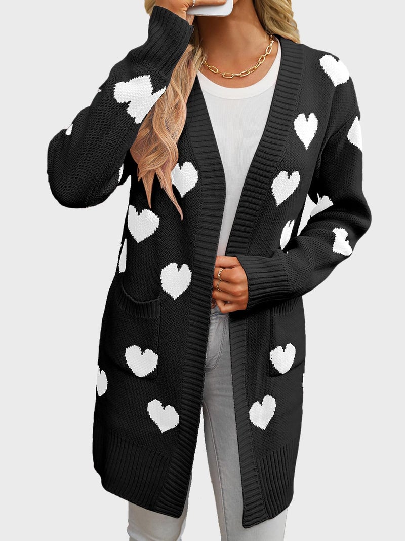 HOULENGS Women's Cute Heart Long Cardigan Sweaters V Neck Ribbed Knit Open Front Sweater Coats with Pockets Black Medium - Image 5