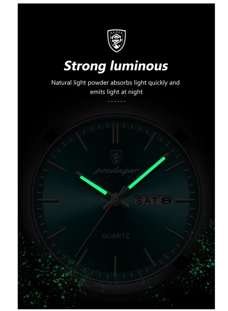 پوداجار ساعة رجالية فائقة النحافة مقاومة للماء مع عرض مضيء زجاج كريستال ياقوتي ووظيفة التقويم للملابس الرسمية والعادية - Image 2