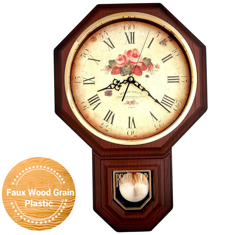 JUSTIME Traditional Schoolhouse Classic Vintage Rose Regulator Wall Clock Chiming Wall Clocks with Pendulum Westminster Chime Hourly Schoolhouse Wall Decor Battery Operated Dark Wood Grain