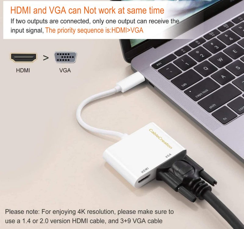 CableCreation محول كابل كريشن USB C إلى HDMI VGA، محول Type C إلى HDMI 4K VGA 1080P متوافق مع Galaxy S22 Ultra، MacBook Pro، iPad Pro 2020، Chromebook Pixel، XPS 13، Yoga 910، Surface Go - Image 3