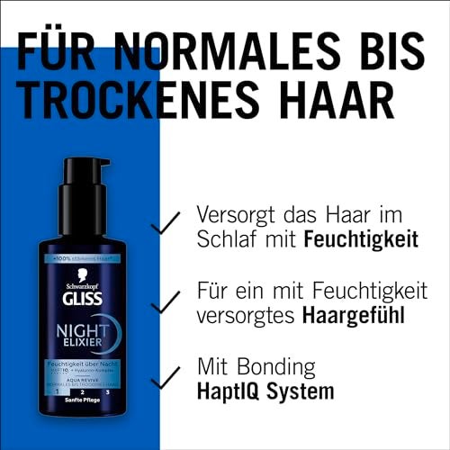 GLISS Schwarzkopf Night Elixir Aqua Revive Hair Serum 100 ml LeaveIn Overnight Hydrating Treatment with HaptiQ MicroBond Technology and Hyaluronic Complex for Normal to Dry Hair - Image 3