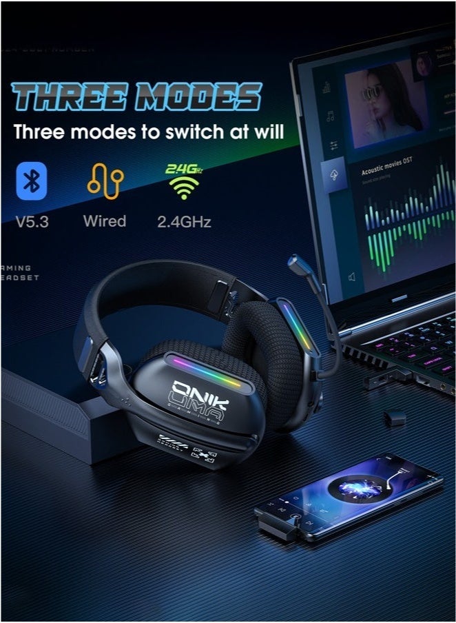 Wirless Gaming Headset with Microphone for PS5, PS4, PC, Mobile, Switch,Phone,Mac,Laptop: 2.4GHz Wireless + Bluetooth 5.3 + Wired - 40mm Drivers - RGB Light,Black - Image 5