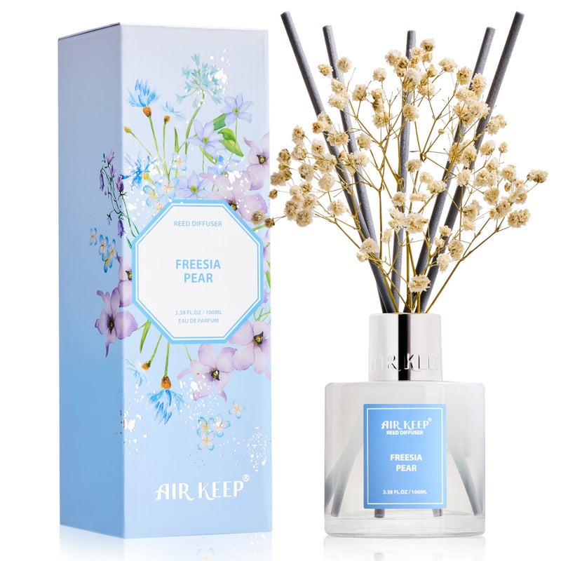 Airkeep Reed Diffuser Set,3.38 fl oz (100 ml) - Freesia Pear Oil Diffusers with 8 Reed Sticks, Home Fragrance Reed Diffuser for Bathroom Shelf Decor - Image 1