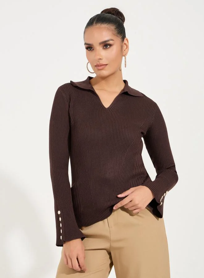 Styli Regular Fit Ribbed Knit Sweater with Button Cuff Detail