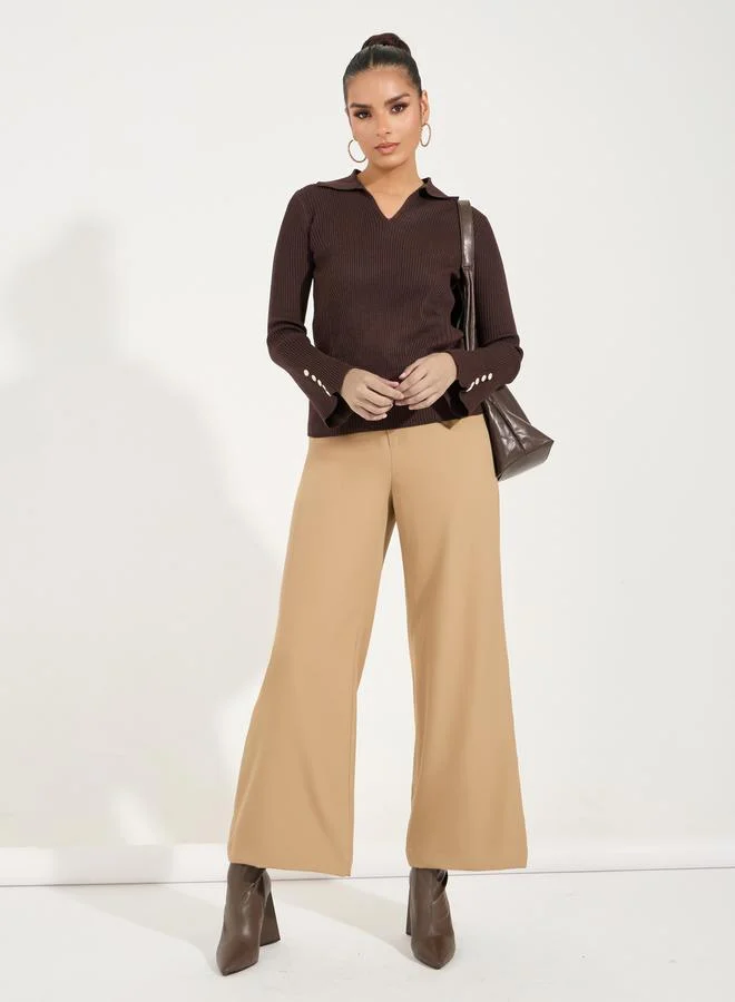 Styli Regular Fit Ribbed Knit Sweater with Button Cuff Detail