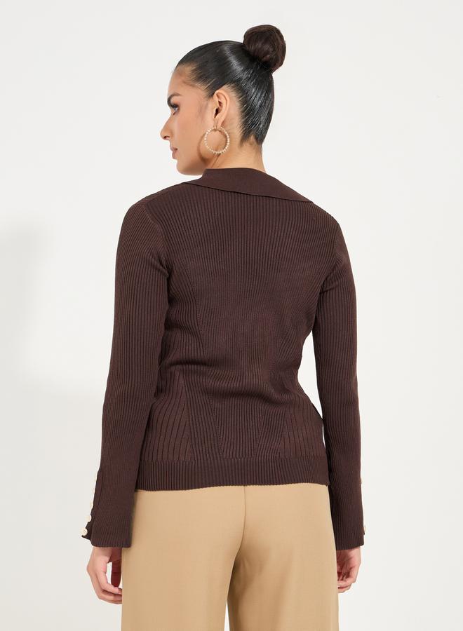 Styli Regular Fit Ribbed Knit Sweater with Button Cuff Detail - Image 4