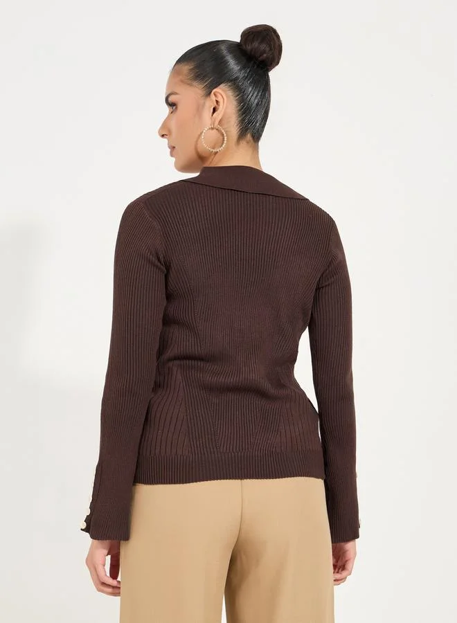 Styli Regular Fit Ribbed Knit Sweater with Button Cuff Detail
