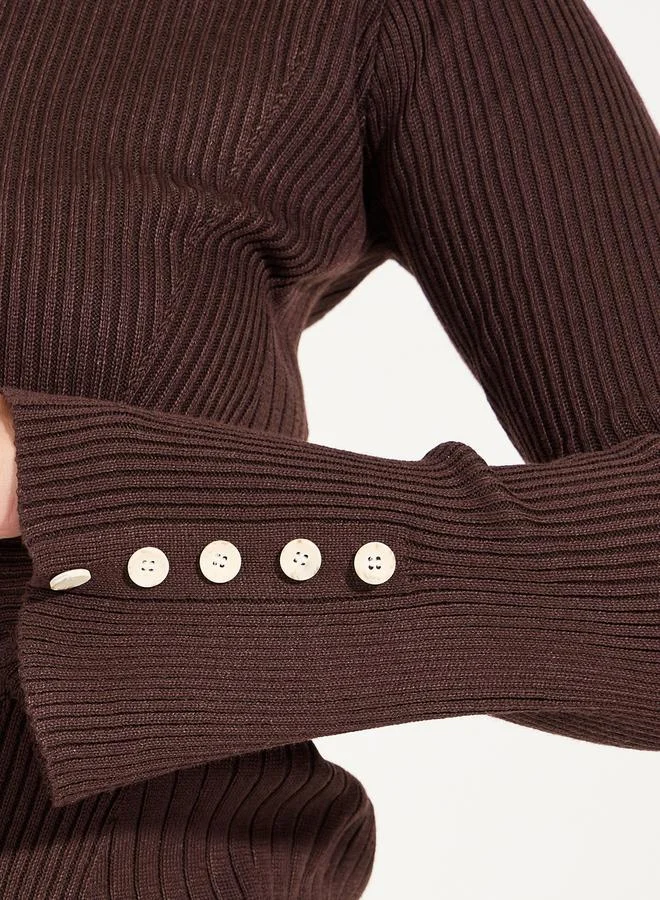 Styli Regular Fit Ribbed Knit Sweater with Button Cuff Detail