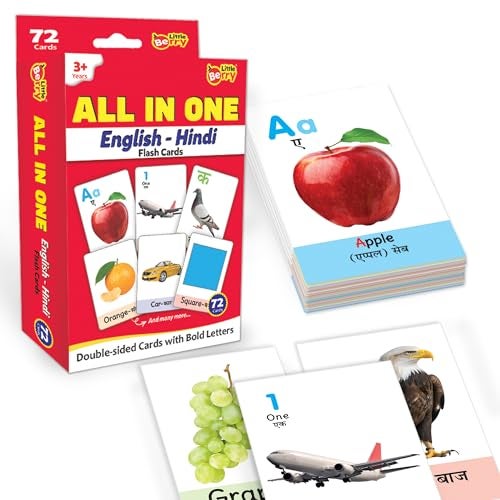 Little Berry Flash Cards for 3 Year Old | 72 Double-Sided English-Hindi Flashcards with 120+ Pictures | Alphabet, Animals, Fruits & Learning Cards for Kids | Preschool Educational Toy - Image 1