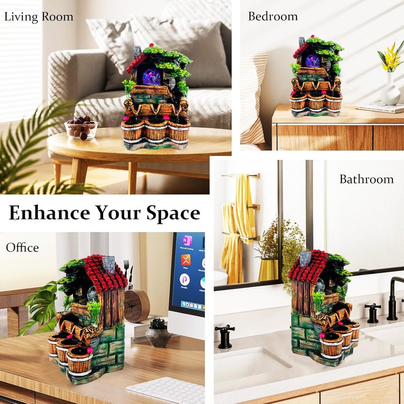 Go Hooked نافورة شلال من بولي ريزين مع أضواء LED وتحكم في سرعة التدفق قابلة للتعديل لغرفة المعيشة، غرفة النوم والمكتب 25.5 سم | تخفيف التوتر وزينة الطاقة الإيجابية | نافورة مائية على الطاولة (GHF314) - Image 5