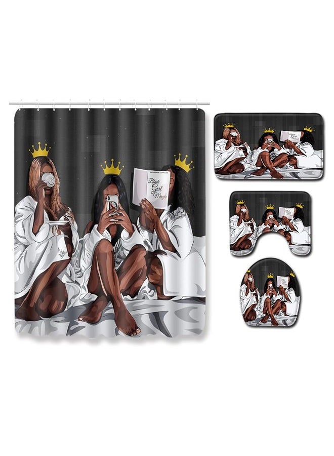 DDS-DUDES 4Pcs African American Black Women Waterproof Shower Curtain Sets for Bathroom with Non Slip Rugs, Toilet Cover and Bath Mat, 12 Plastic Hooks (Queen) - Image 2