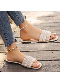 Tweed Style Flat Bottom Slippers Womens Square Head Rhinestone Colorful Pearl One-row Flat Bottom Sandals Gold