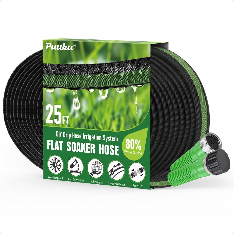 PUUKU Flat Soaker Hose 25ft for Garden and Lawns 80 WaterSaving Drip Irrigation Hose with Anodized Aluminum Ends Flexible Leakproof Double Layer Gardening Hoses - Image 2