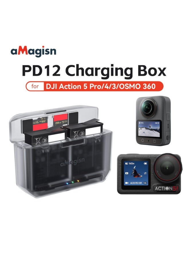 aMagisn علبة شحن بطاريات aMagisn PD12 متوافقة مع DJI OSMO 360 و Action 5 Pro / 4 / 3 – تصميم مغناطيسي لتخزين البطاريات وبطاقات الذاكرة MicroSD - Image 1