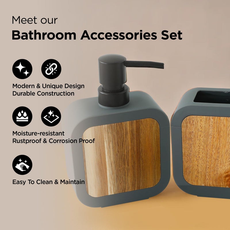Kuber Industries 2 Pcs Bathroom Accessory Set | Includes Liquid Soap Dispenser for Bathroom (380ML) & Toothbrush Holder | Bathroom & Kitchen Sink Accessories Set for Home | Grey-KL9246-BS-GRY - Image 3