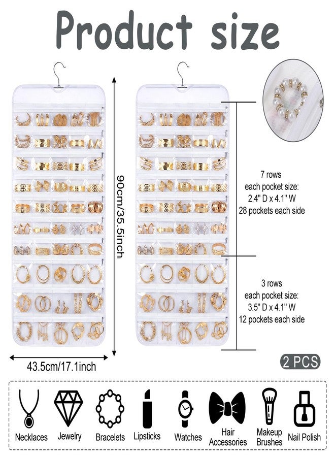 Xosjska 2 Pack Hanging Jewelry Organizer 80 Zippered Pockets 80-Pocket Dual-sided Jewelry Storage for Necklace Bracelet Earring RingsTravel Holder - White - Image 3